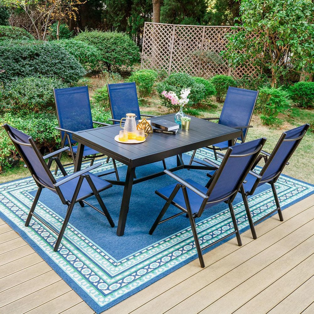 PHI VILLA 7-Piece Metal Outdoor Dining Set with Extensible Rectangular ...