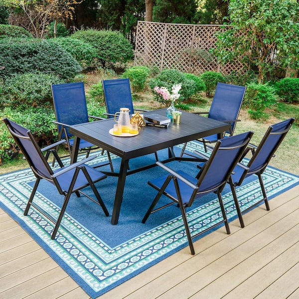 PHI VILLA 7-Piece Metal Outdoor Dining Set with Extensible Rectangular Slat Table and Blue Folding Chairs