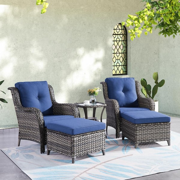 ArcoBay 5-Piece Gray Wicker Outdoor Lounge Chairs Patio Conversation Set with Navy Blue Cushions and Ottomans