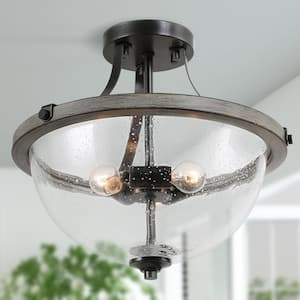 Morice 3-Light Semi Flush Mount Weathered Iron Semi Flush Mount with Painted Grey Wood Accents and Seeded Glass Shade
