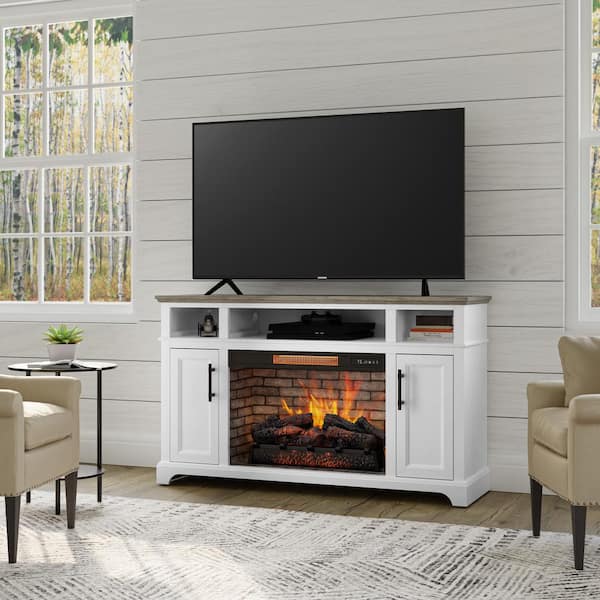 Hillrose 52 in. Freestanding Electric Fireplace TV Stand in White with  Rustic Taupe Oak Top
