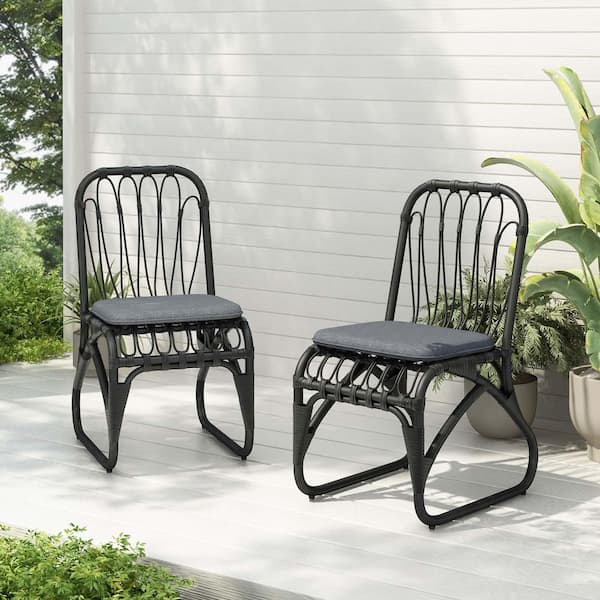 Unbranded Black Wicker Outdoor Dining Chair with Gray Washable Cushions Set of 2,Outdoor Rattan chairs for Backyard,Garden,Patio