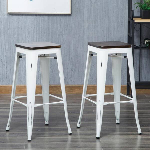 Carolina Forge Cormac 30 in. Antique White Wood Seat Bar Stool