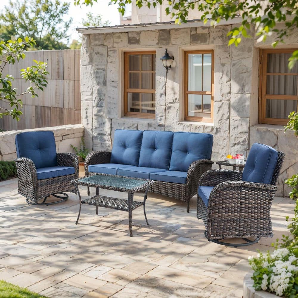 SleekArm 5-Piece Brown Wicker Patio Conversation Set with Olefin Blue Cushion and Outdoor Swivel Glider Chairs price history on PriceWatchPro