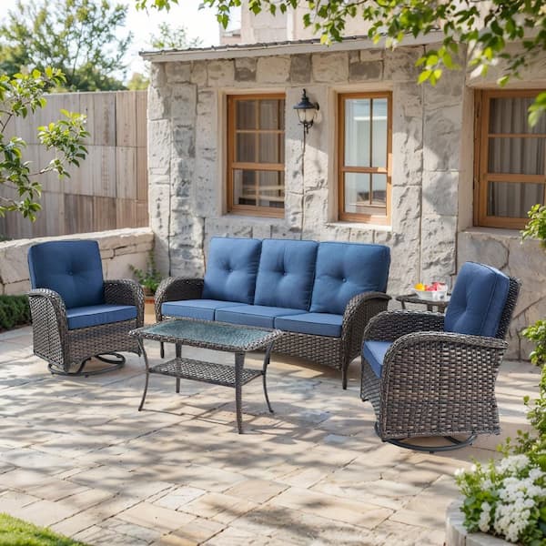 SleekArm 5-Piece Brown Wicker Patio Conversation Set with Olefin Blue Cushion and Outdoor Swivel Glider Chairs