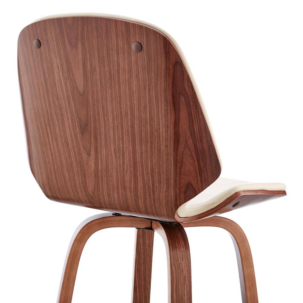 Cream Faux Leather and Walnut Wood Swivel Bar Stool