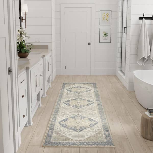 Vintage Washables Blue Green 2 ft. x 8 ft. Center Medallion Traditional Runner Area Rug