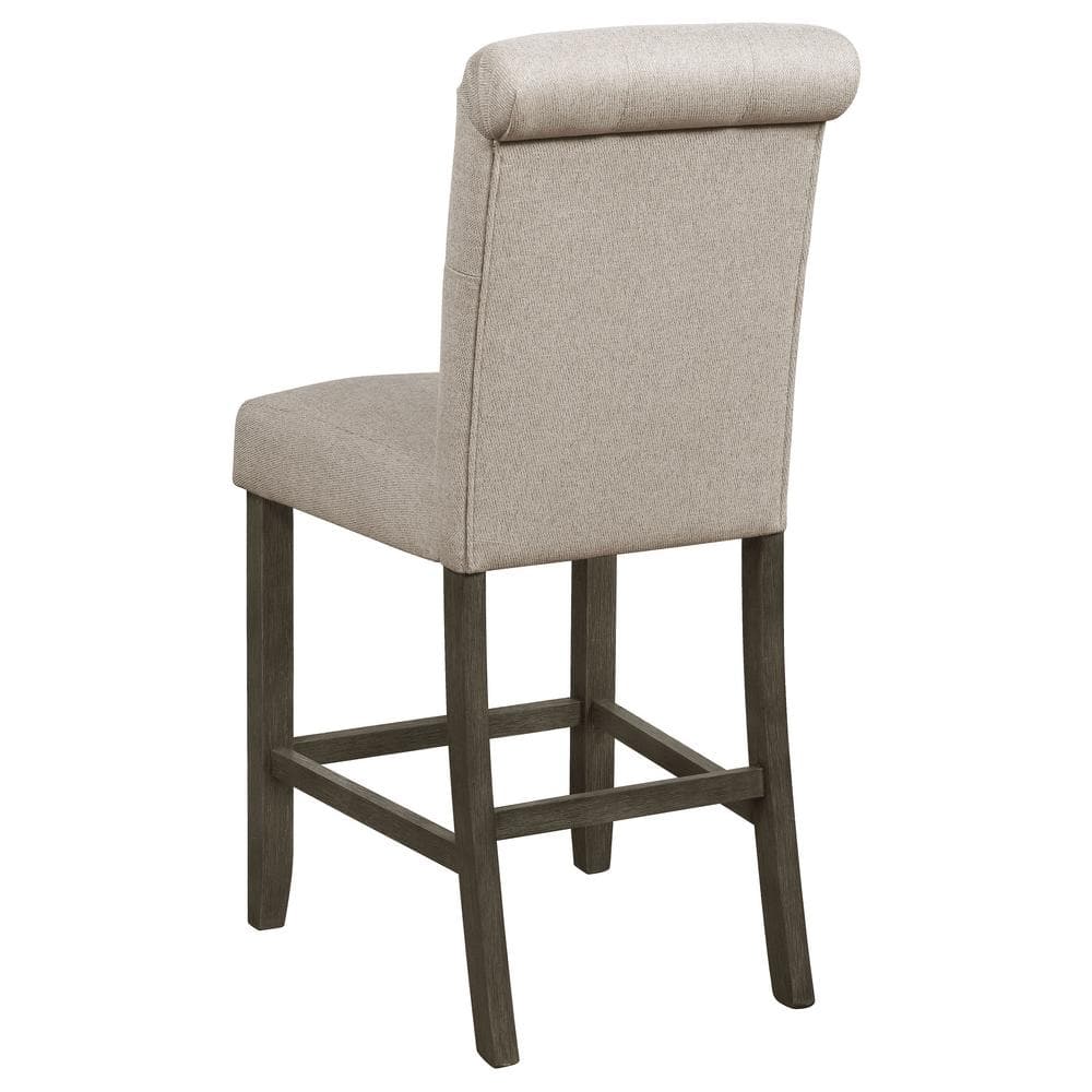Beige Linen-Like Tufted Back Counter Stools with Rustic Brown Frame (Set of 2)
