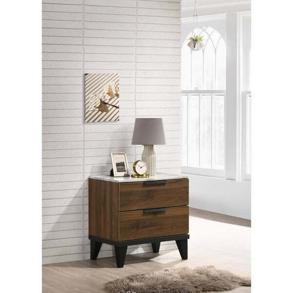Coaster Mays Walnut Brown 2-Drawer Nightstand with Faux Marble Top