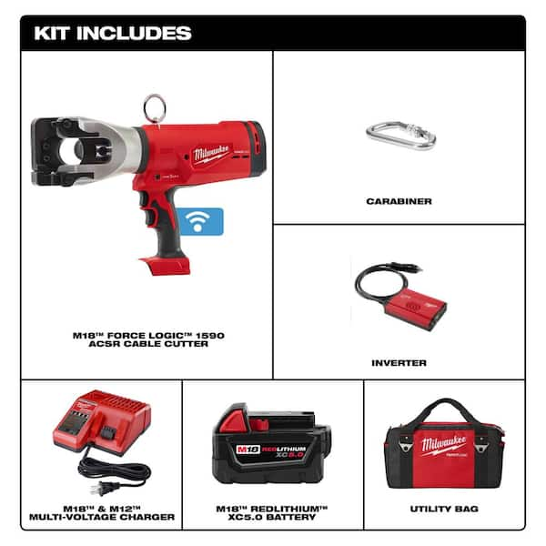 M18 18V Lithium-Ion Cordless FORCE LOGIC 1590 ACSR Cable Cutter W/ (1) 5.0Ah Battery, Charger, Tool Bag