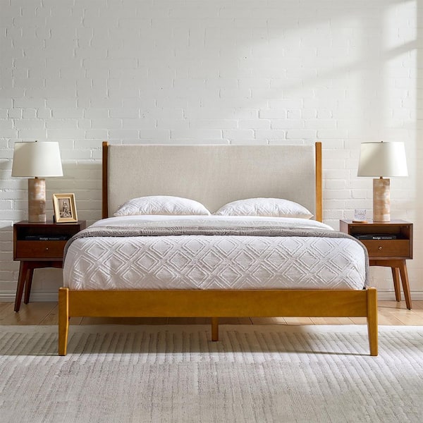 Timotheus Yellow Wood King Platform Bed with Upholstery Headboard