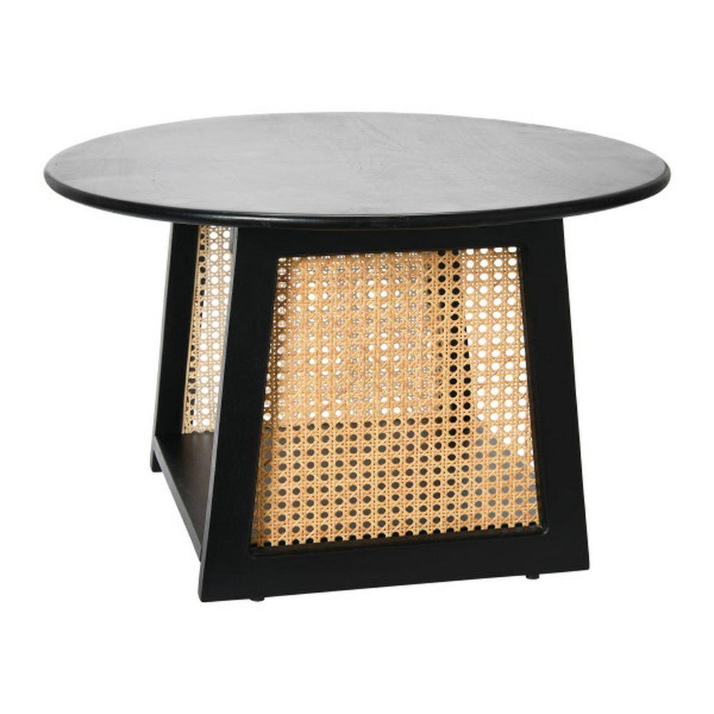 Black Mango Wood and Cane Round Coffee Table with Shelf