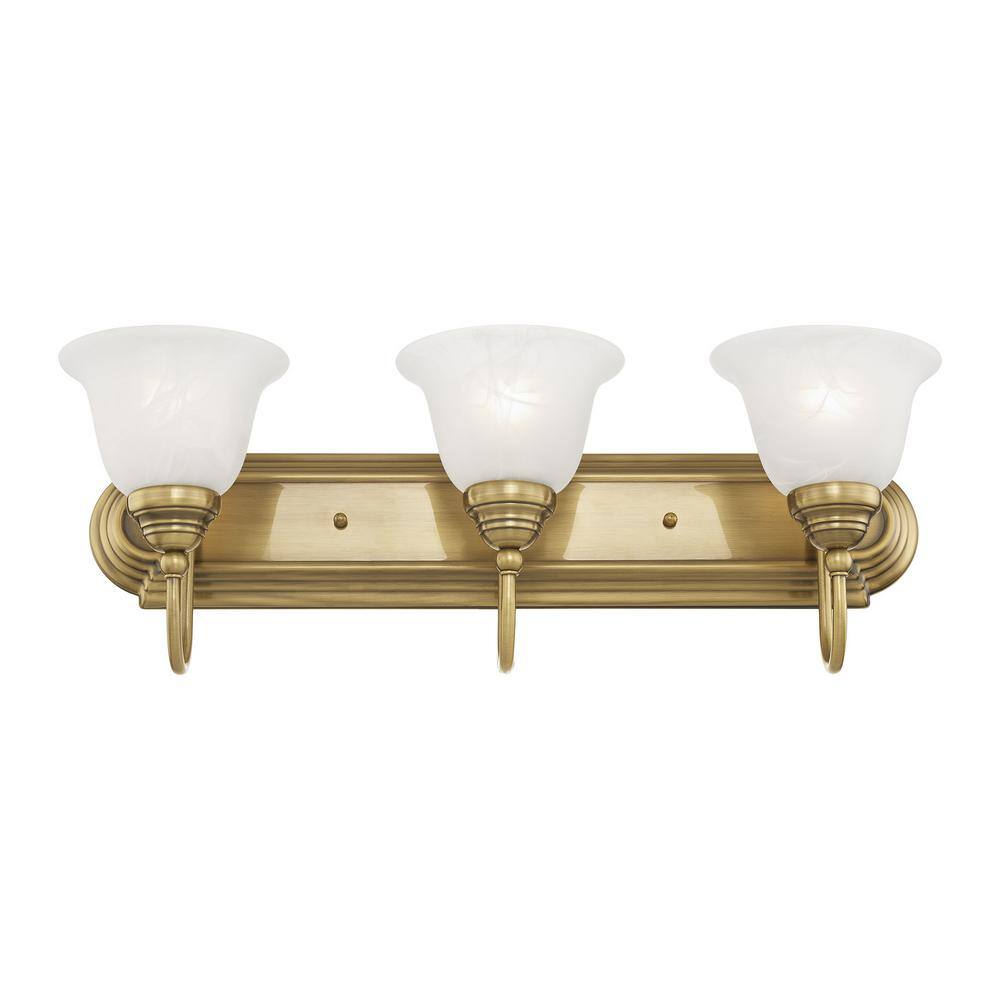 Belmont Antique Brass 3-Light Vanity with White Alabaster Glass
