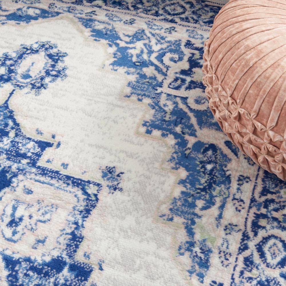 Ivory Blue Floral 4' x 6' Reversible Synthetic Area Rug