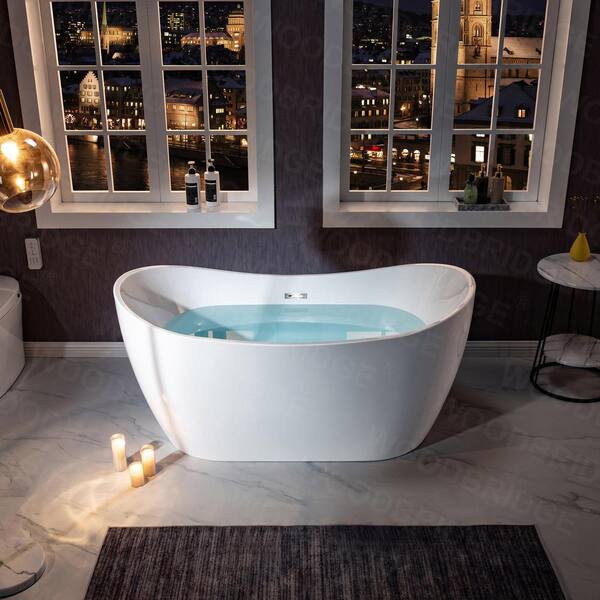 59 in. L x 28.75 in. W Acrylic FlatBottom Double Slipper Bathtub in White with Polished Chrome Drain