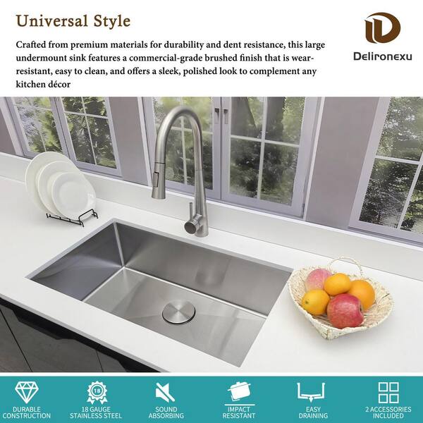 32 Inch Underount Kitchen Sink - Delironexu 16 Gauge Stainless Steel Kitchen Sink Single Bowl - View #11