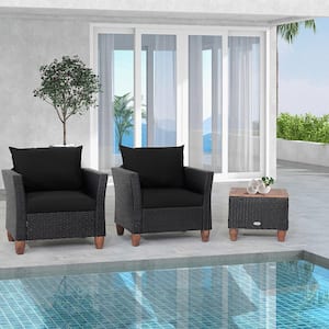 3-Piece Patio Rattan Conversation Set Outdoor Furniture Set with Black Cushions