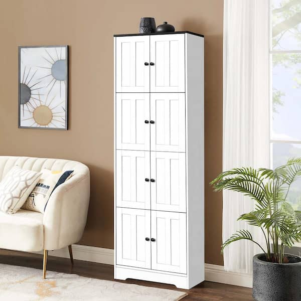 Tall Storage Cabinet with 8 Doors and 4 Shelves, White-ModernLuxe