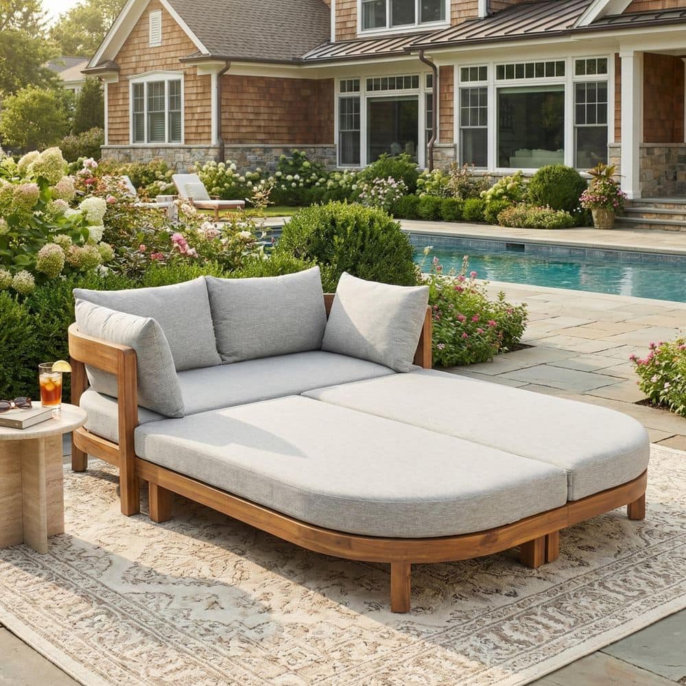 Donovan Armrest Solid Wood Patio Outdoor Day Bed with Light Grey Cushions and Pillows, Curved Frame, Teak Finish price history on PriceWatchPro