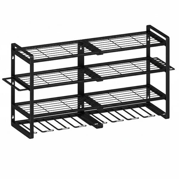 4-Tier Black Heavy Duty Steel Wall Rack with Drill Holder, Screwdriver, Pliers, Hammer Storage, Mounting Hardware