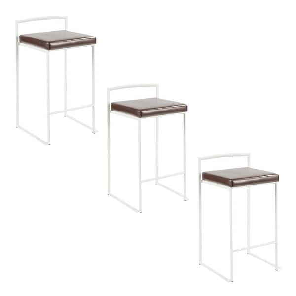Lumisource Fuji 27.75 in. Brown Faux Leather and White Metal Stackable Counter Stool (Set of 3)