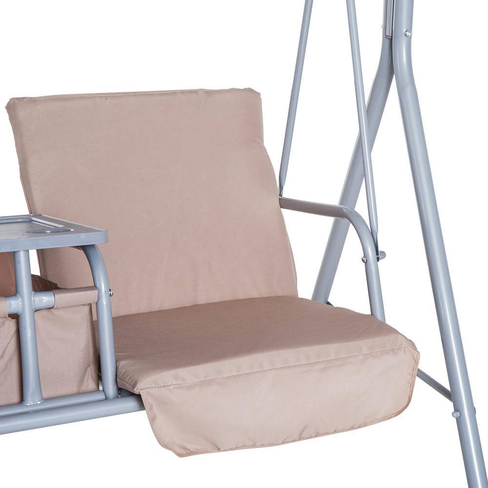 Beige Metal 2-Person Outdoor Swing with Canopy and Storage