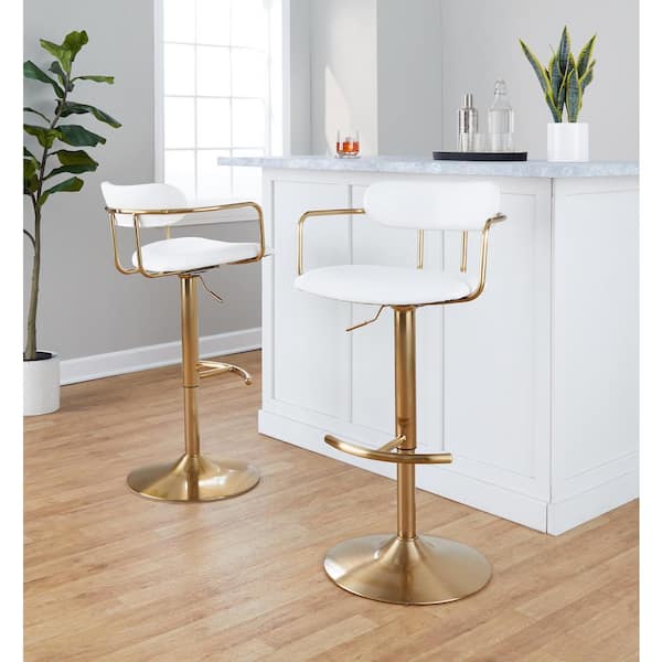 Lumisource Demi 32.5 in. White Faux Leather and Gold Metal Adjustable Bar Stool (Set of 2)