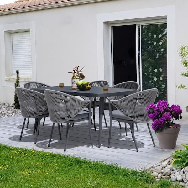 Grey Aluminum Frame Rope Woven Outdoor Patio Dining Chair with Gray Cushions (6-pack)