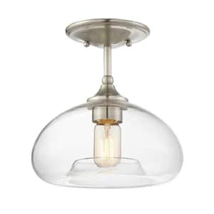 10.75 in. W x 10.5 in. H 1-Light Brushed Nickel Semi-Flush Mount Ceiling Light with Clear Glass Shade
