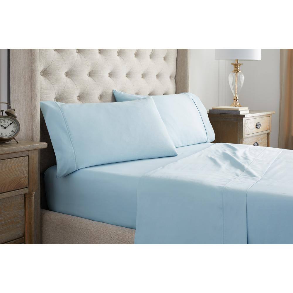 Waverly Sateen 3-Piece Pale Blue Solid Cotton Twin Sheet Set Bring color and comfort to your bed with the Waverly 100% Cotton Sateen 400 Thread Count Sheet Set. Made of luxuriously soft 100% Cotton Sateen, these 400 Thread Count Sheet sets are the perfect base layer to any Waverly bedding ensemble. Machine wash cold with like colors. Color: Pale Blue.