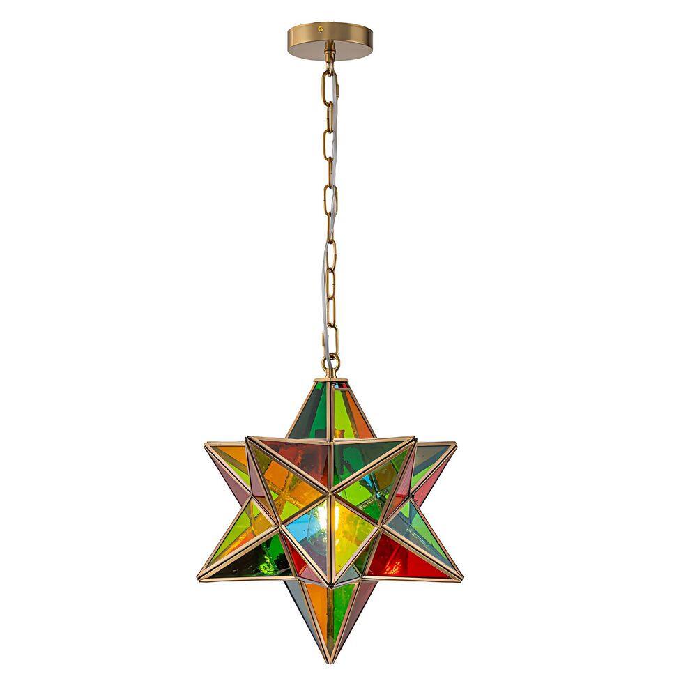 Vintage 13.8 in. 1-Light Mediterranean Brass Geometric Moravian Star Pendant Light with Tiffany Stained Glass Shade price history on PriceWatchPro