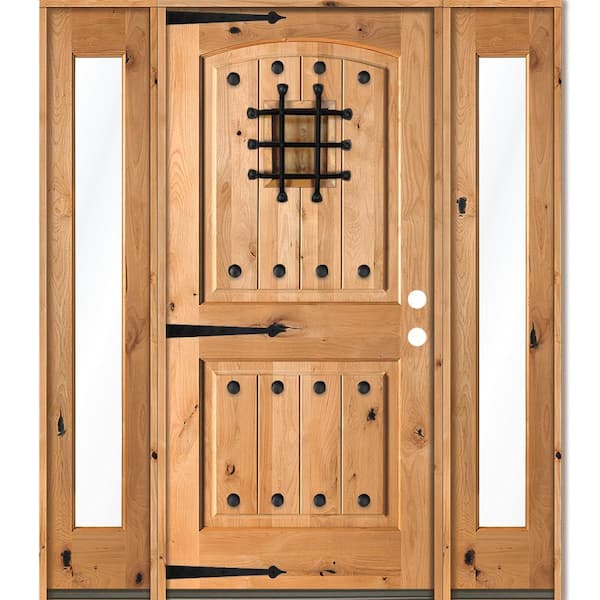 Krosswood Doors 64 in. x 80 in. Mediterranean Knotty Alder Left-Hand/Inswing Clear Glass Clear Stain Wood Prehung Front Door w/DFSL