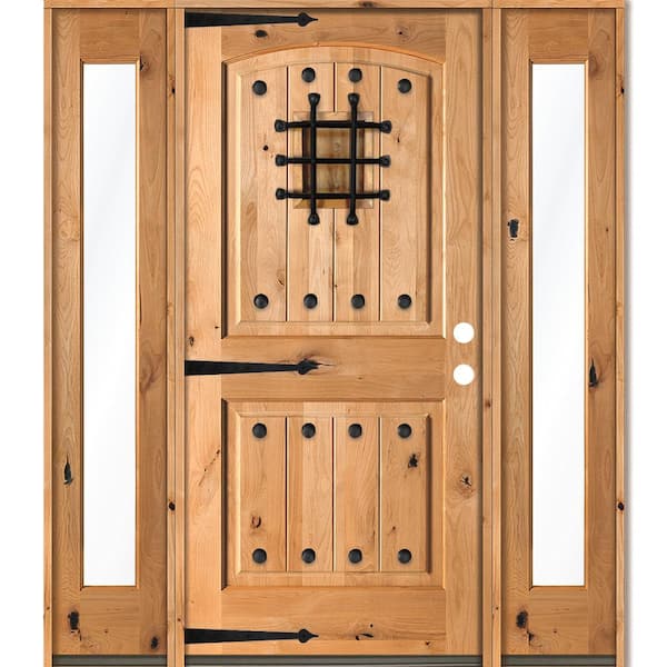 Krosswood Doors 70 in. x 80 in. Mediterranean Knotty Alder Left-Hand/Inswing Clear Glass Clear Stain Wood Prehung Front Door w/DFSL