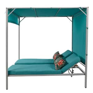 1-Piece 78.77 in. W White Metal Outdoor Day Bed with Blue Cushions