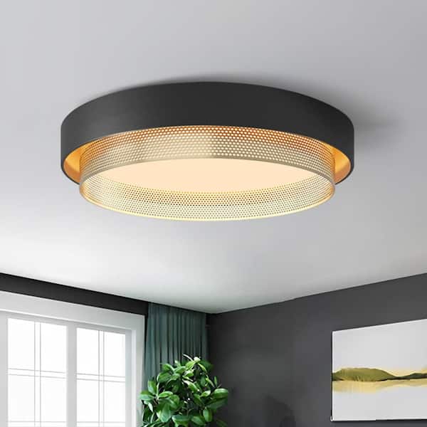 Y'INSP 19.69 in. 38-Watt Modern Black Integrated LED Round Flush Mount Light with Frosted White Acrylic Shade for Living Room