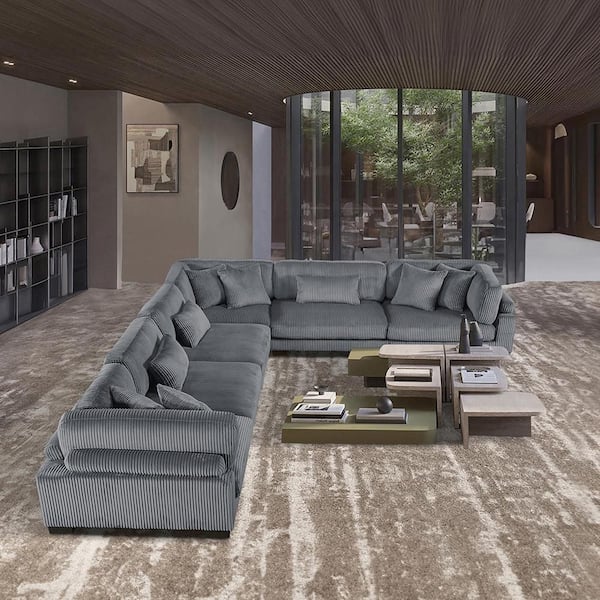 Turbo 180 in. Pillow Top Arm 6-Piece Corduroy Fabric Modular Sectional Sofa in Gray