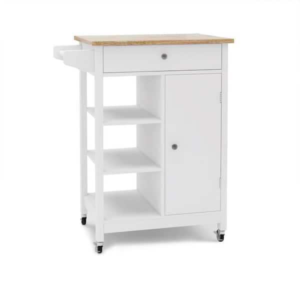 Rolling White Rubber Wood Top 26 in. Kitchen Island Cart with Adjustable Shelves and Towel Rack
