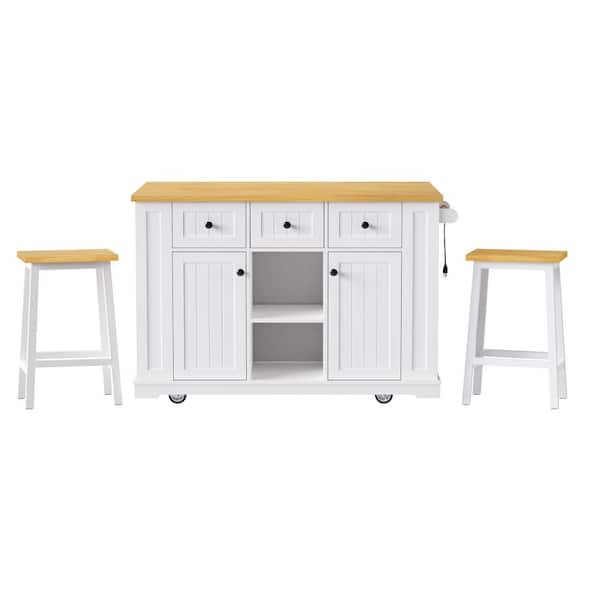 Ximuprmy White Wood 53 in. Kitchen Island with 2 Bar Stools, Drop Leaf, 3-Power Outlet and 5 Open Side Racks for Kitchen Room
