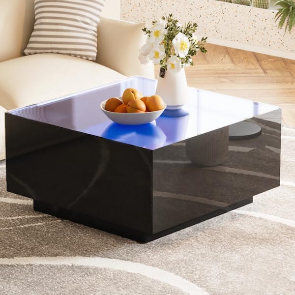 Clihome 27.5 in. Black Square 5 mm Frosted Tempered Glass Top Coffee Table Center Table with 16-Color LED Strip Lights