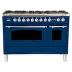 48 in. 5.0 cu. ft. Double Oven Dual Fuel Italian Range with True Convection, 7 Burners, Griddle, Chrome Trim in Blue