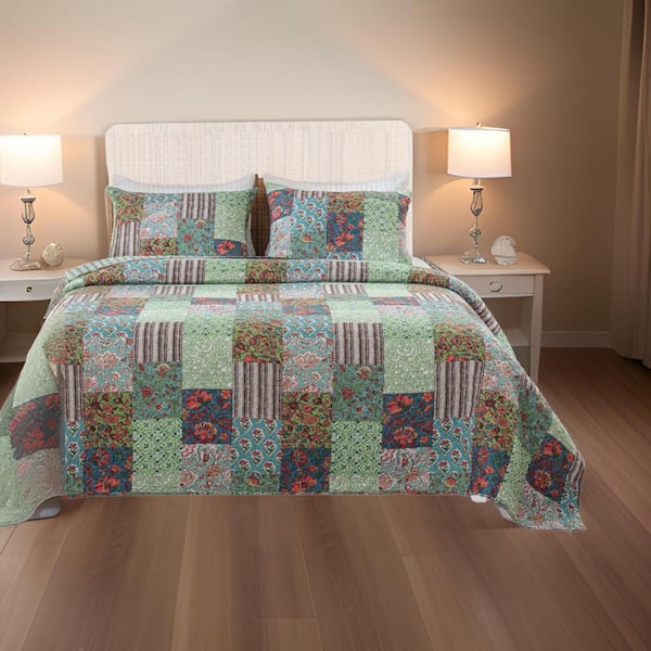 Benjara 3-Piece Multicolor Solid Queen Size Microfiber Quilt Set
