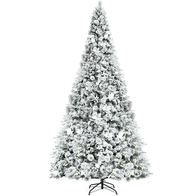 Gymax 8 FT Snow Flocked Artificial Christmas Tree Hinged Xmas Tree w/Metal Stand