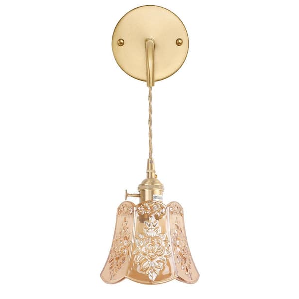 Unbranded Retro 4.72 in. 1 Light Gold Vintage Smart Home Wall Sconce with Rose Amber Glass Shade