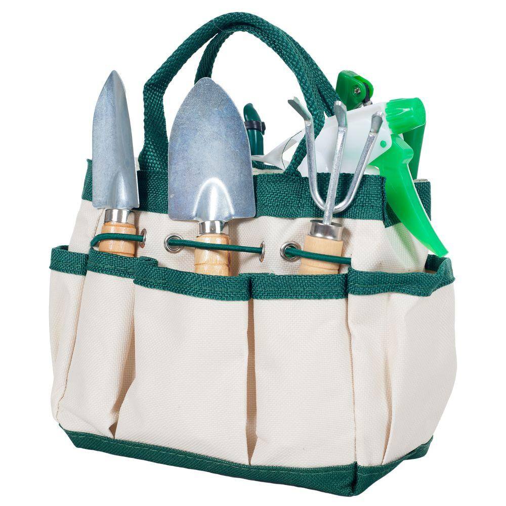7-Piece Green and White Garden Tool Set with Tote Bag