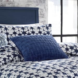 Velvet Grid Navy Solid Polyster 18 in. x 18 in. Throw Pillow