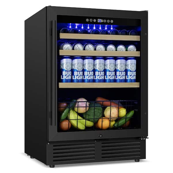24 in. Single Zone 210 Plus Cans Beverage Refrigerator in Black Built-in Beverage Cooler Reversible Door Blue LEDs