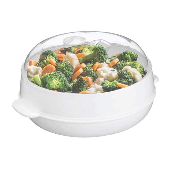 Microwave Steamer 1 Piece White Plastic Kitchen Cookware with Lid Steam Vent and Easy-Locking Clips for Healthy Meals