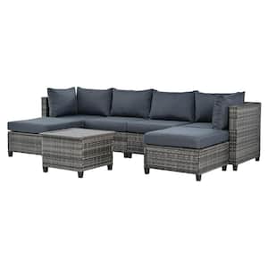 7-Piece Wicker Outdoor Sectional Set with Gray Cushions