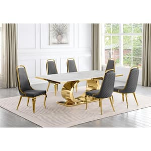 Ibraim 7-Piece Rectangle White Marble Top Gold Stainless Steel Dining Set with 6 Dark Grey Velvet Gold Chrome Iron Chair