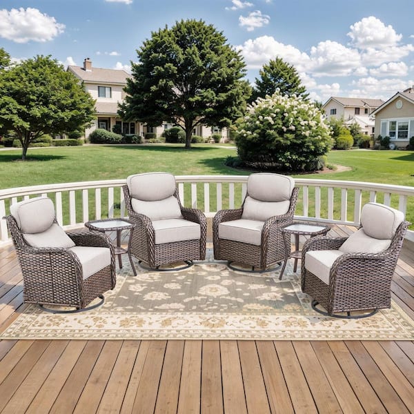 MoonLuxe Brown Swivel Glider Wicker Patio Conversation Set with Beige Olefin 6 in. Thick Cushions/Side Table (6-Piece)